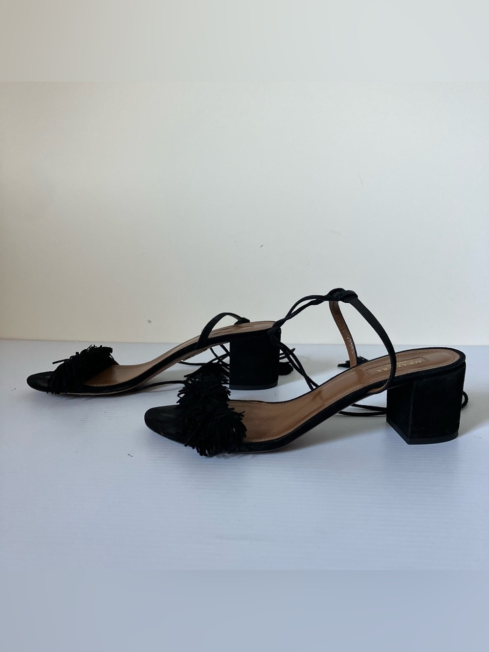 Aquazzura Black Tassel Lace-Up Block Heel Sandals | Designer Heels size 40.5 - Picture 6 of 12